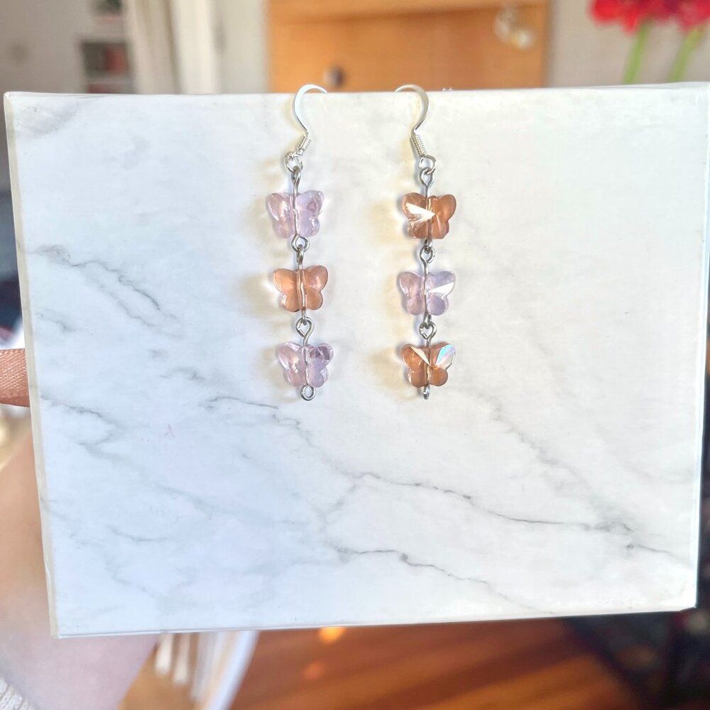 Rose Pink and Blush Glass Butterfly Dangle Earrings